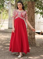 Faux Blooming Red Party Wear Zari Work Readymade Gown